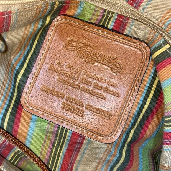 Fossil Shoulderbag Straw Woven Tan Leather Handles Flower Embroidery Raised Bean - Picture 7 of 7